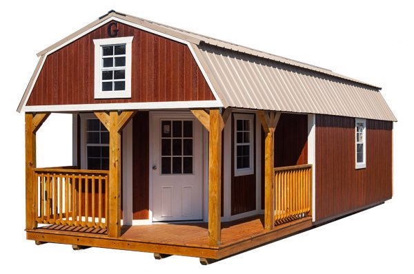 Portable wrap-around cabin with porch and barn loft, brown
